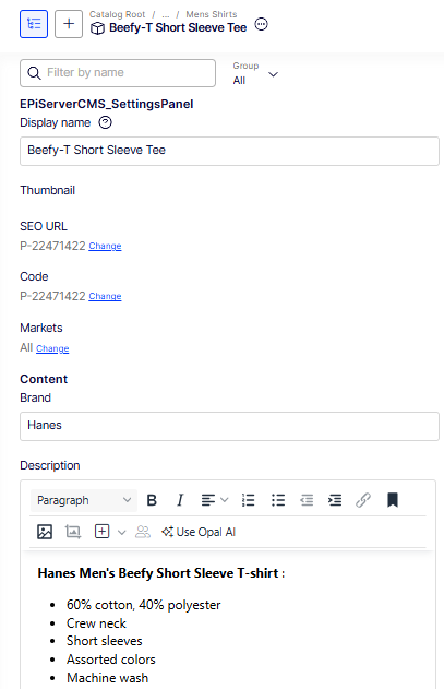 Screenshot of the product detail panel in Optimizely Commerce Connect showing the Group drop-down list and property filter field.