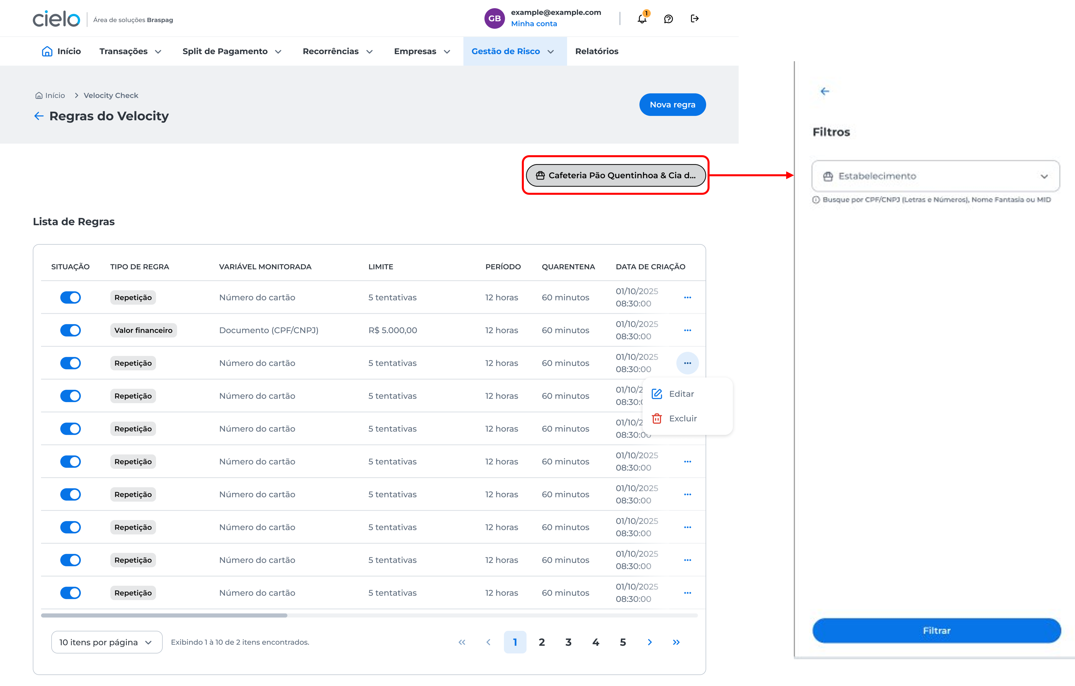 Filtrar estabelecimento para ver as regras