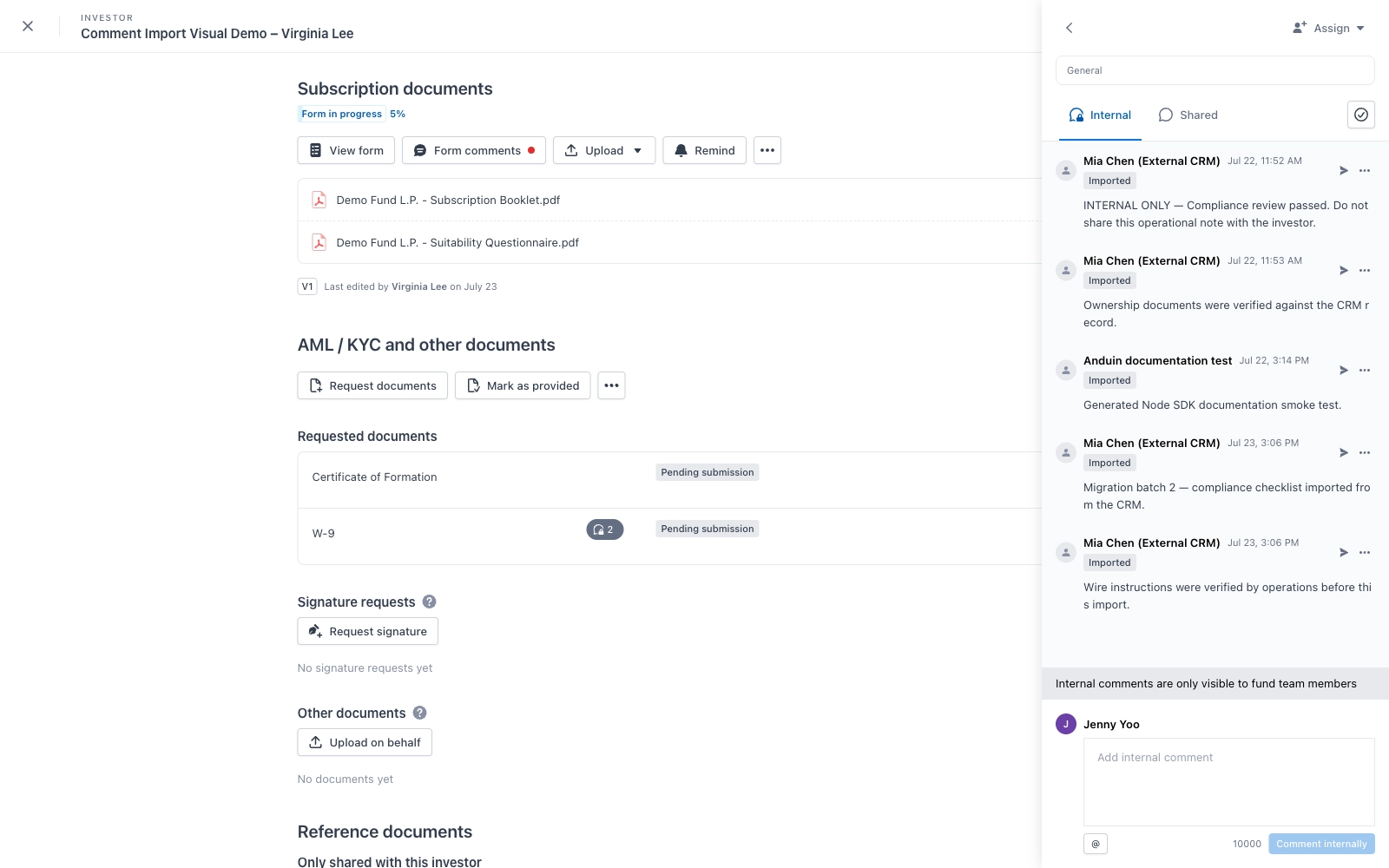 Fund manager view of an investor order with the comment drawer open on the General thread, Internal tab, listing imported comments from Mia Chen (External CRM) including the migration batch 2 compliance checklist and the wire instructions note