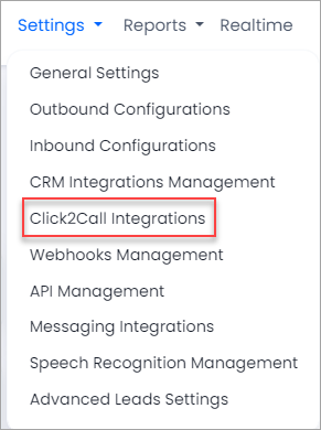 Screenshot of Click2Call Integrations in the Settings menu