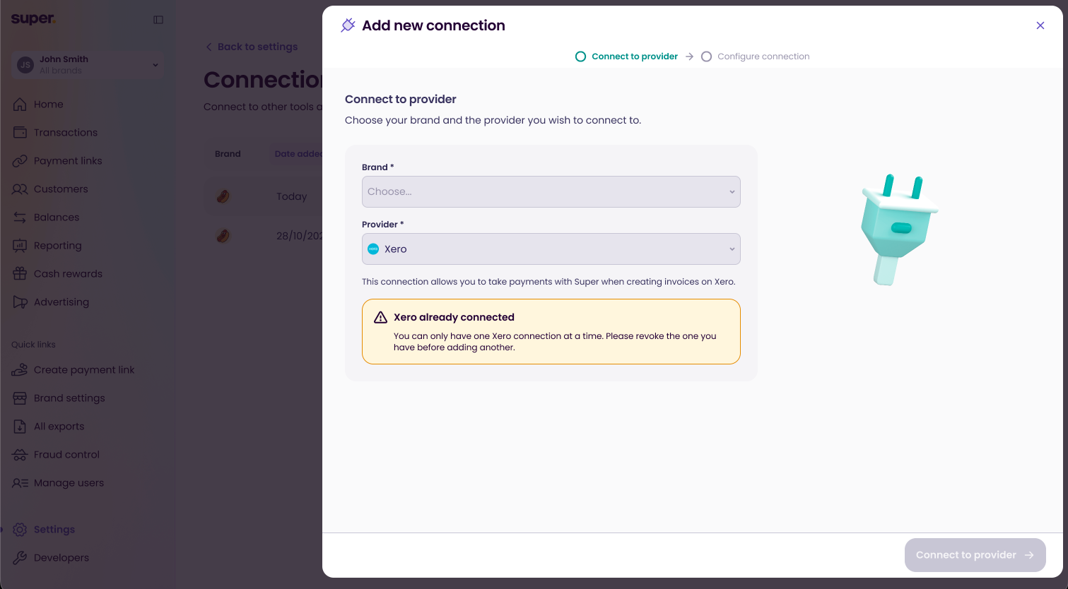 The message shown when Xero is already connected