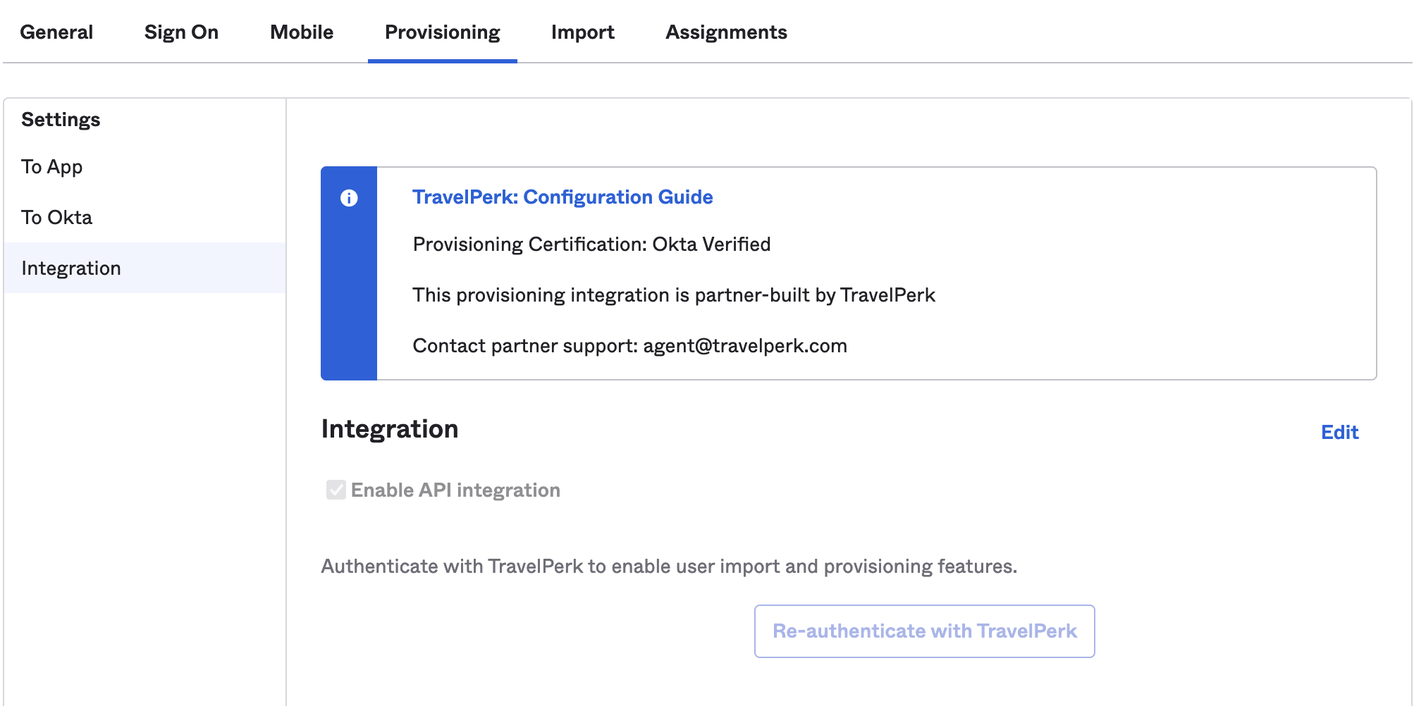 The Okta Provisioning Integration settings panel showing the Edit and Re-authenticate buttons.