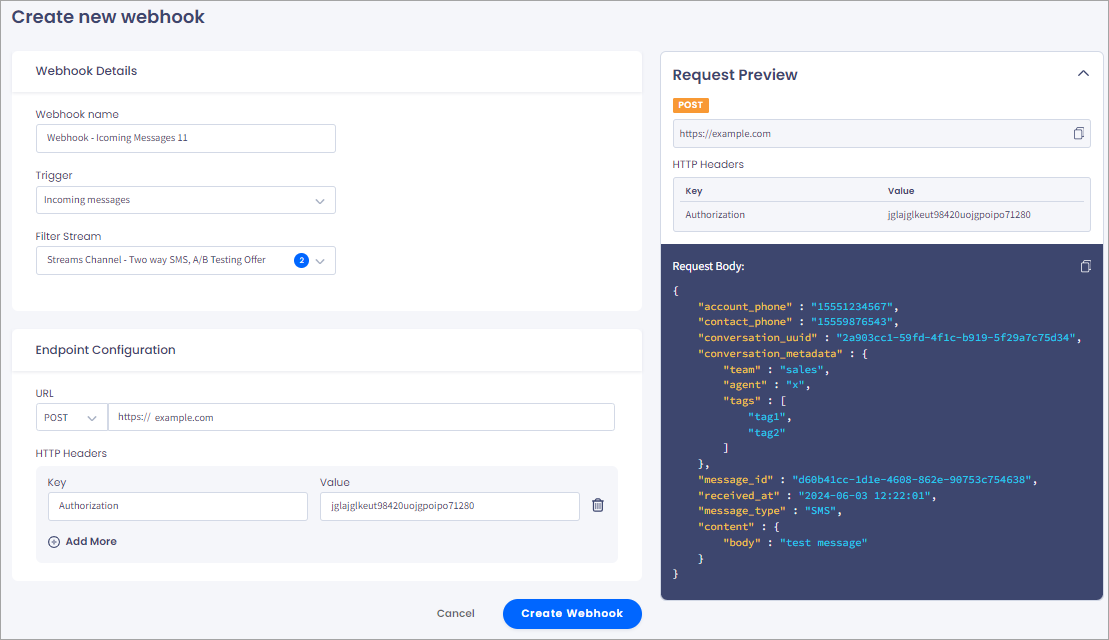 Screenshot of the form to create a new webhook highlights the 'Webhook Details' and 'Endpoint Configuration' input fields, the 'Create' and 'Cancel' buttons, and the 'Request Preview' window on the right. In the 'Webhook details' section, the 'Filter Stream' field filled with data is highlighted.