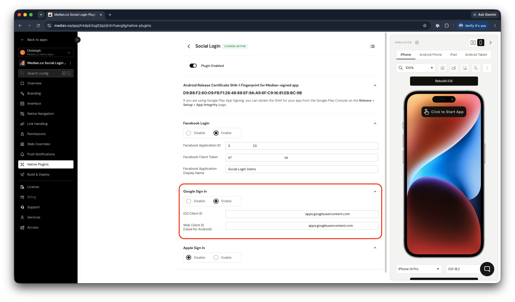 Example Social Login Plugin Configuration