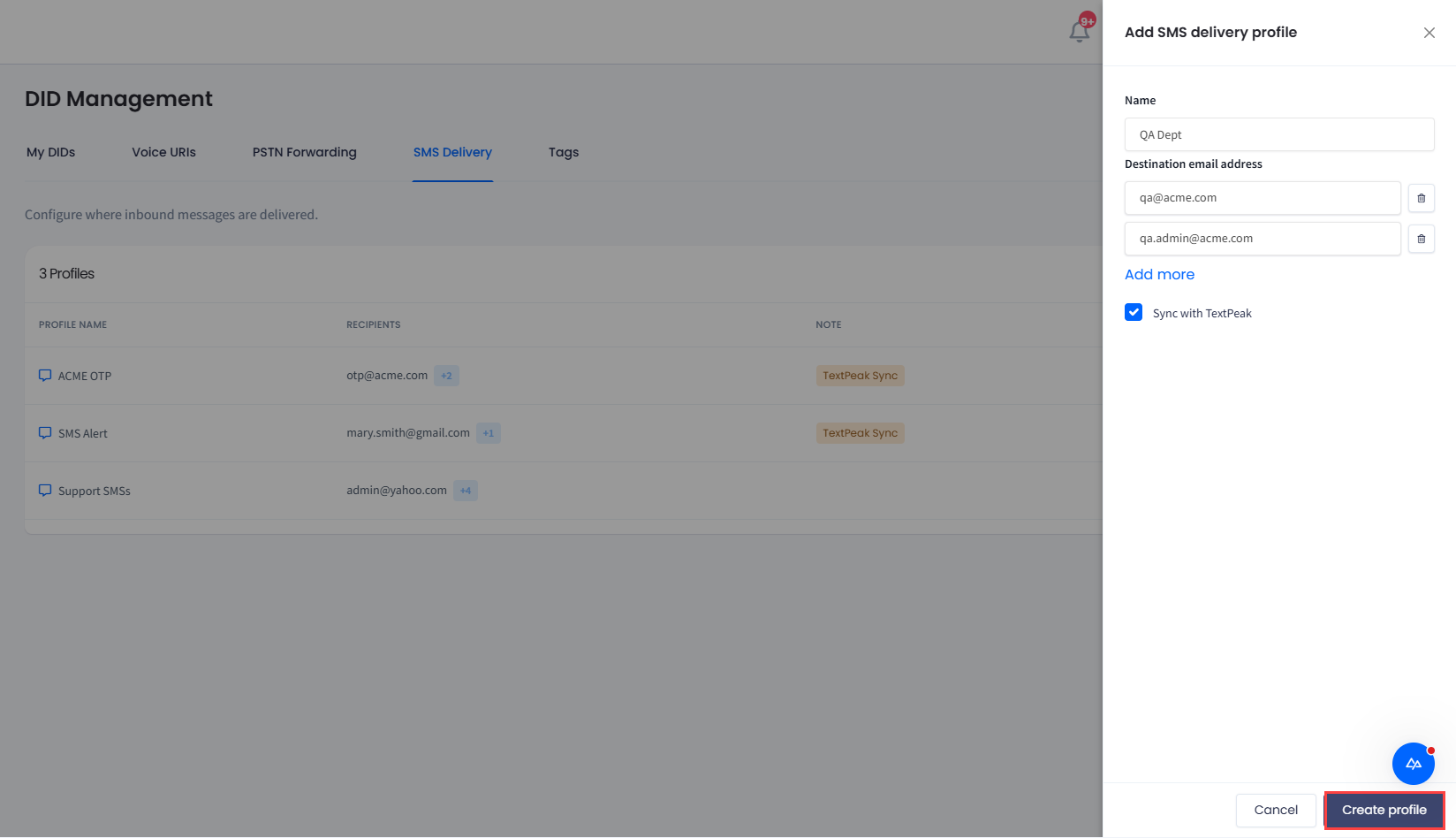 Screenshot with creating new SMS delivery profile