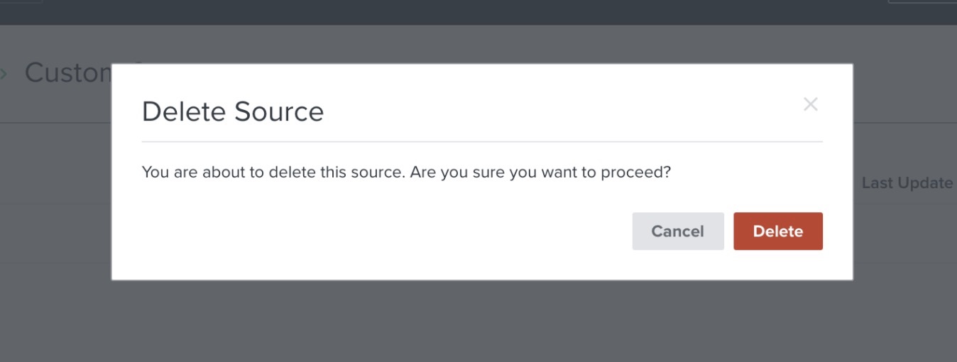 Pop up for custom catalog Delete Source option in Klaviyo with a cancel  button in grey and Delete in red