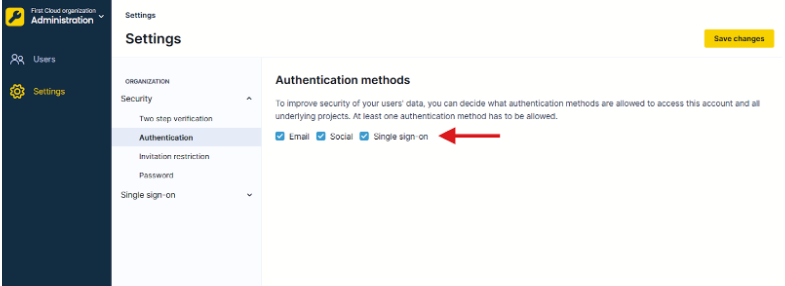 Bloomreach Authentication settings with Single sign-on checkbox highlighted.