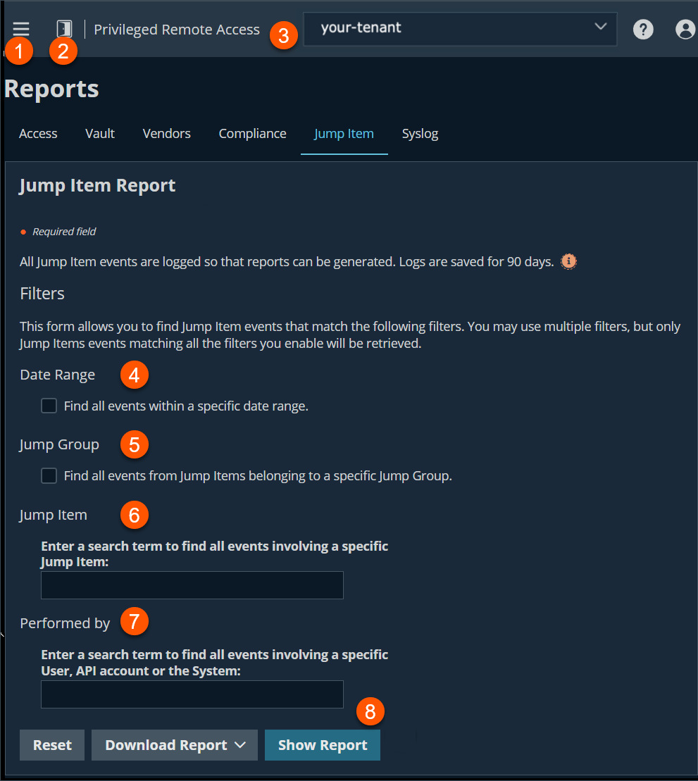 An image of the "Jump Item Report" page in a Privileged Remote Access system. The interface includes filtering options for date range, jump group, specific jump item, and performed by criteria. Users can enter search terms to refine results. Action buttons include Reset, Download Report (dropdown), and Show Report.