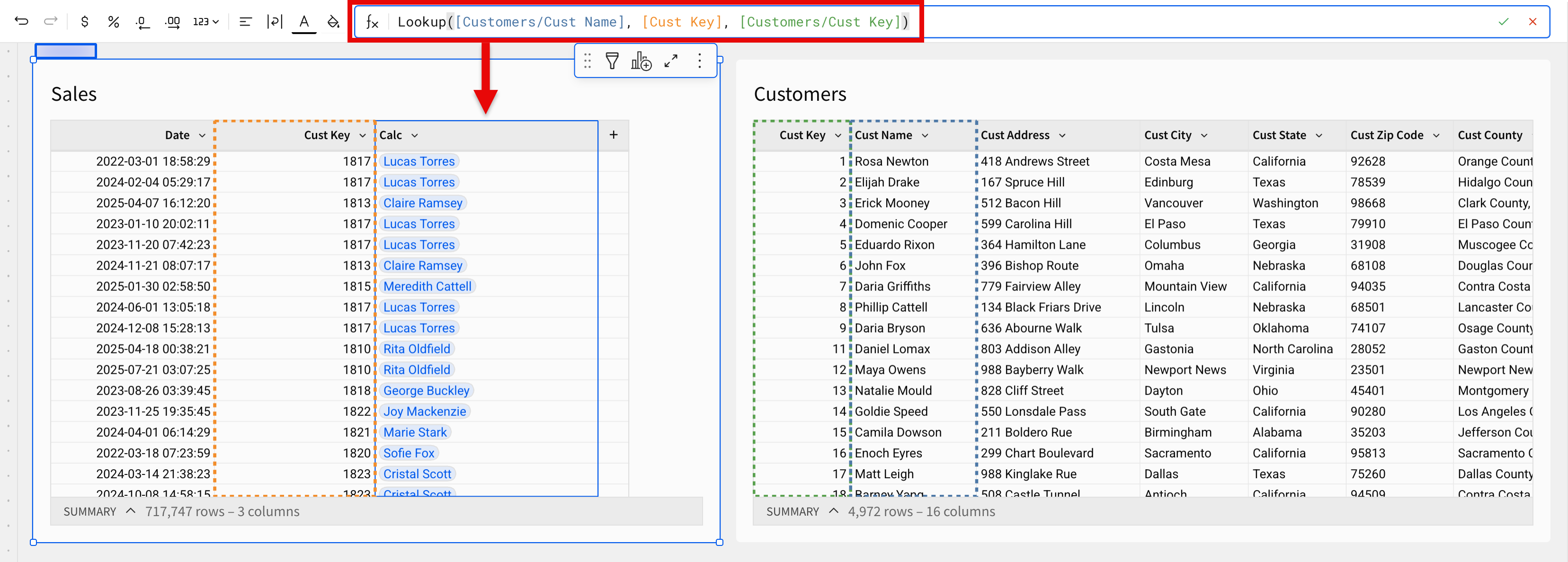 A user enters the provided example formula in the Sigma UI, demonstrating the output over several records in a table.