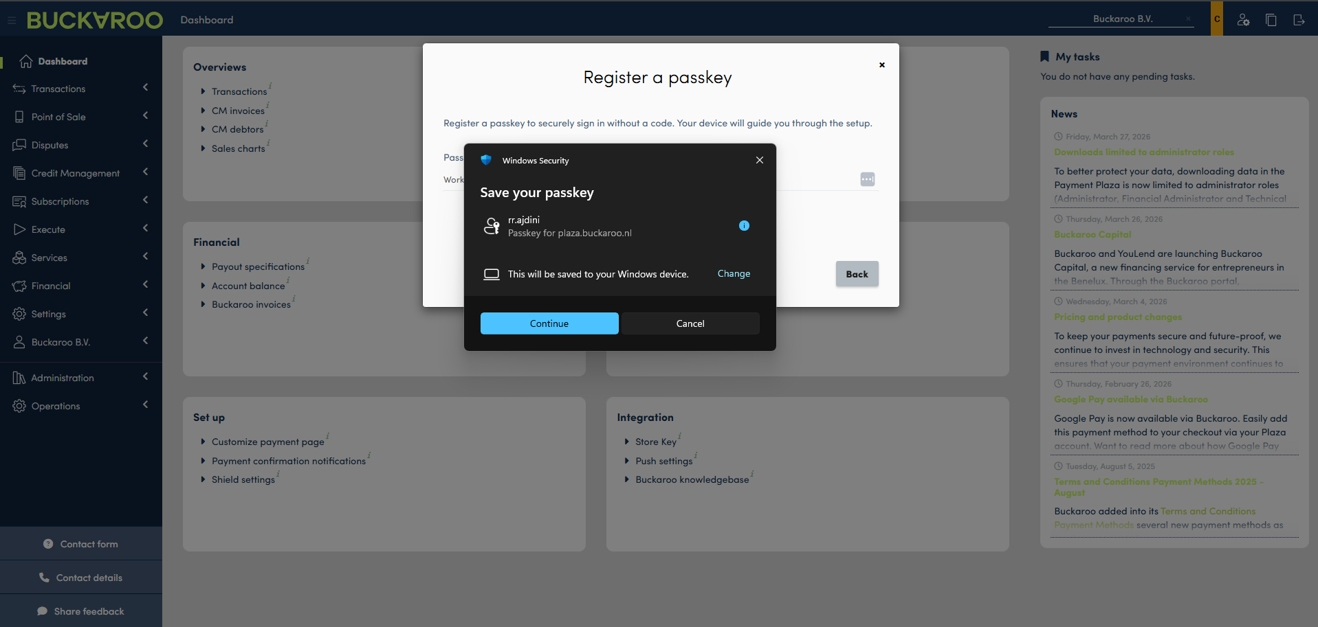 Device authentication prompt used to complete passkey registration.