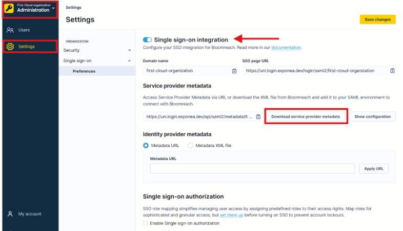 Bloomreach SSO settings with Download service provider metadata button highlighted.