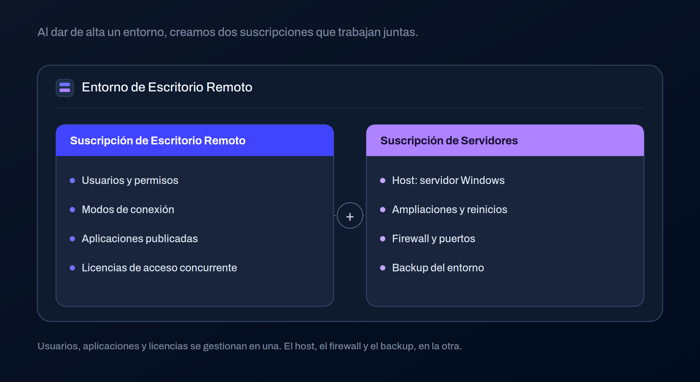 Un entorno de Escritorio Remoto y sus dos suscripciones: la de Escritorio Remoto (usuarios, permisos, modos de conexión, aplicaciones y licencias) y la de Servidores (host, ampliaciones, reinicios, firewall y backup)