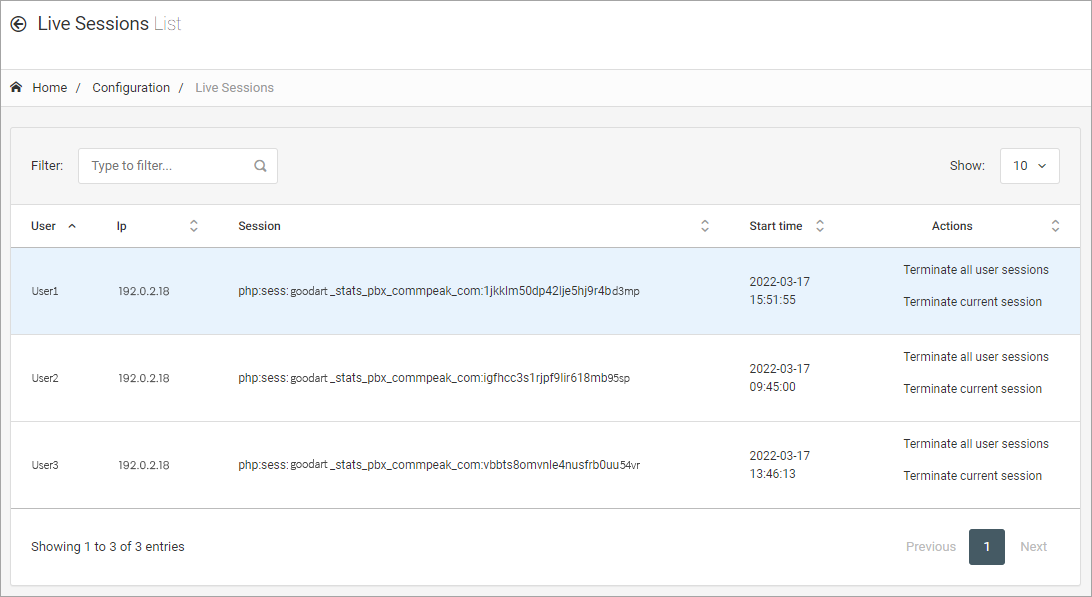 Screenshot of the **Configuration > Live Sessions** page