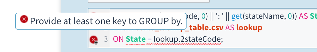 A "Provide at least one key to GROUP by" error message.