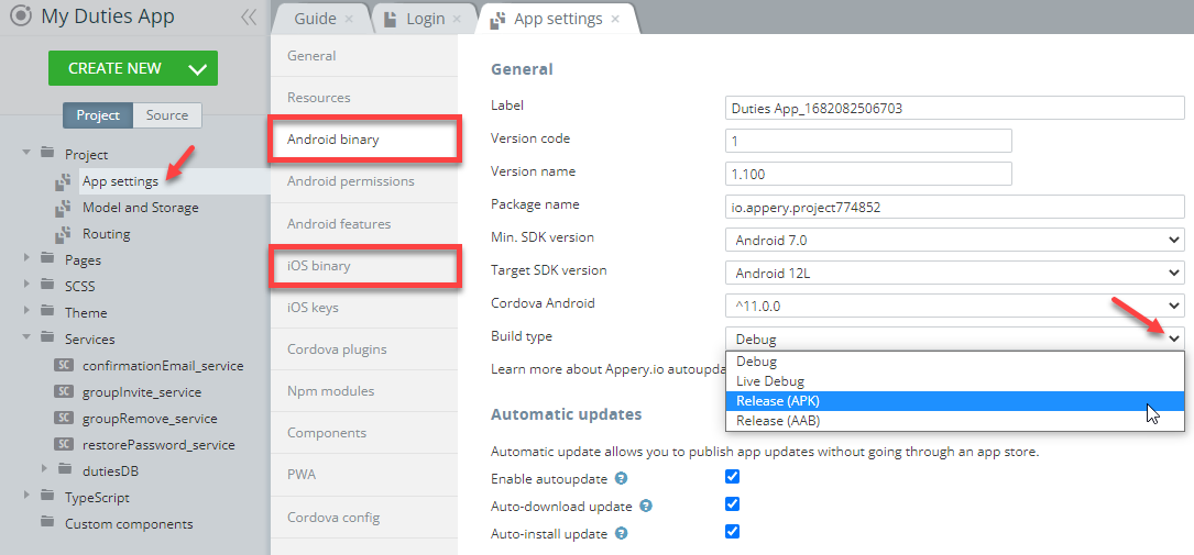 Selecting iOS binary build type