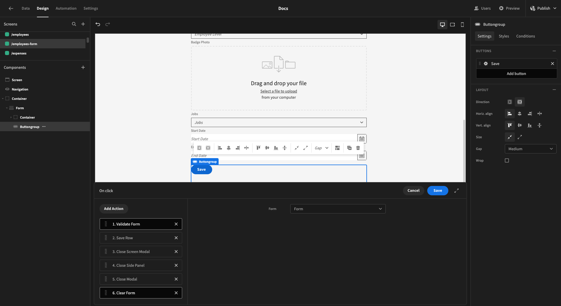 Showing the pre configured form block component and how it uses the clear form action.