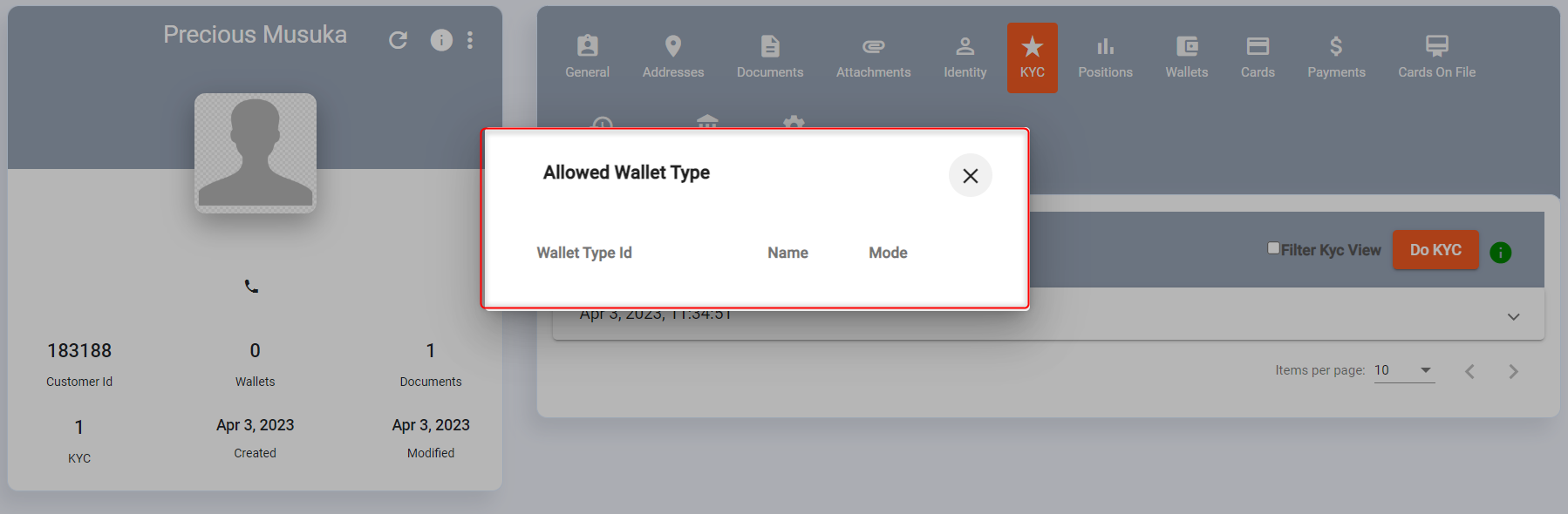 Allowed wallet types: Non-KYCed customer profile
