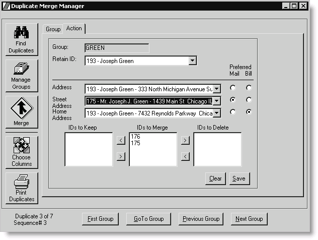 This example of the Action tab in the Manage Groups view on the Duplicate Merge Manager window shows the Preferred Mail and Preferred Bill options set for the Street Address and Home Address, respectively.