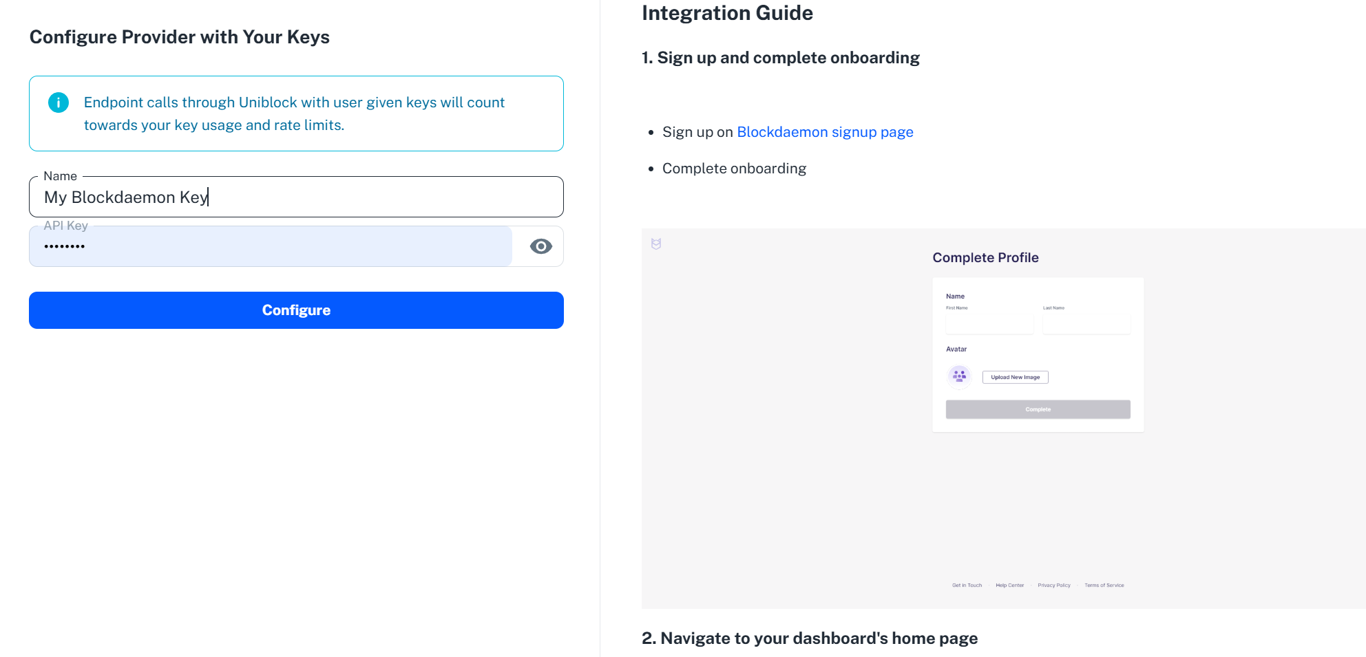 Add key with a guide for the chosen provider