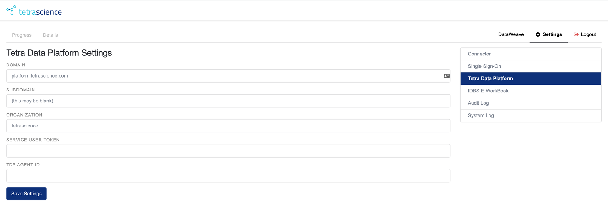 Figure 10. The Tetra Data Platform Settings Screen