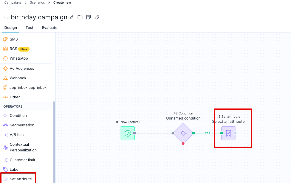 Scenario flow showing the Set attribute node configured to assign a voucher code to a customer attribute
