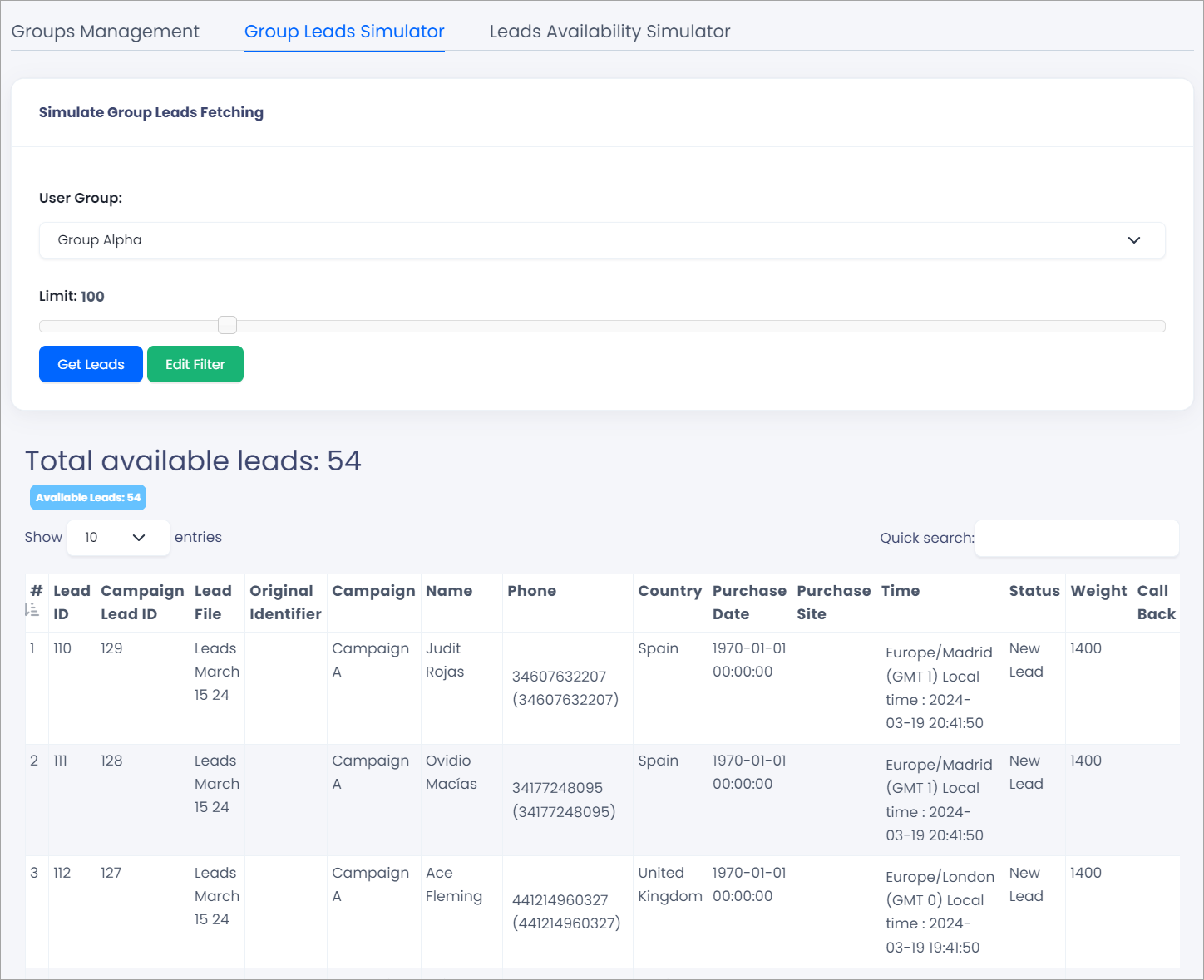 Screenshot of Group Leads Simulator tab