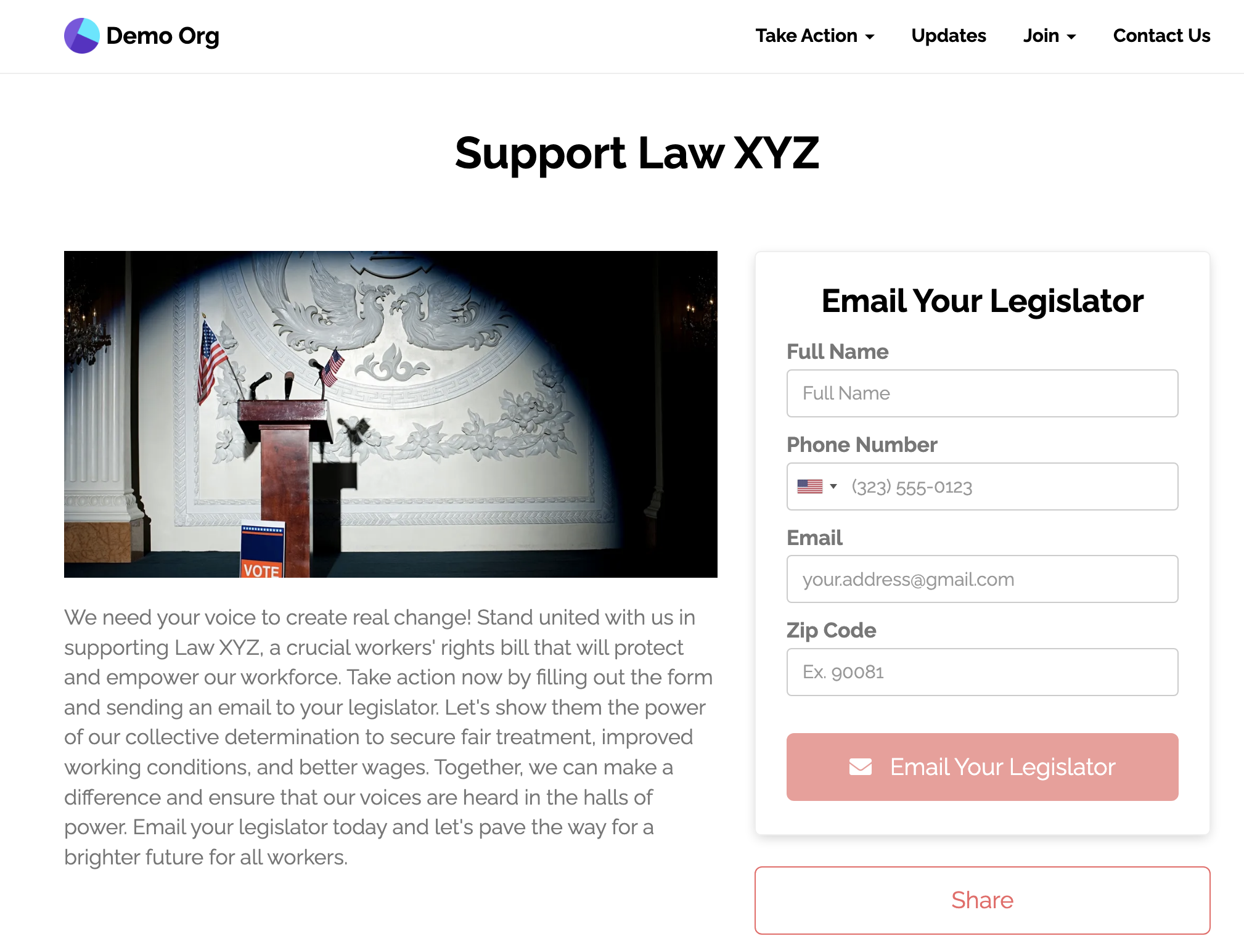 Visit the example [Email Your Legislator Page](https://demo.solidarity.tech/email-legislator)