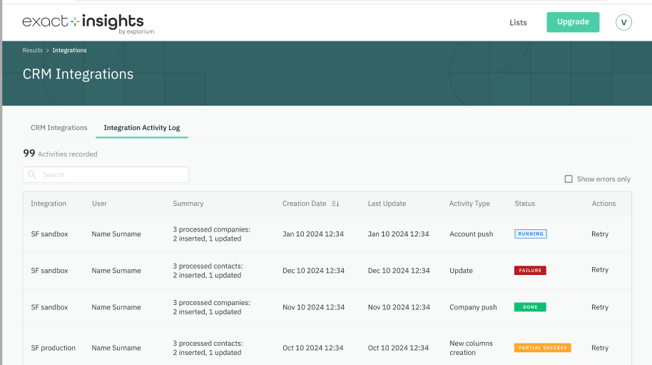 Integrations Activity Log 