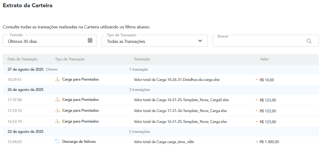 Destaque da seção Extrato da Carteira