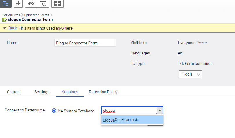 Screenshot of the Mappings tab where selecting the Contacts database for Eloqua field mapping