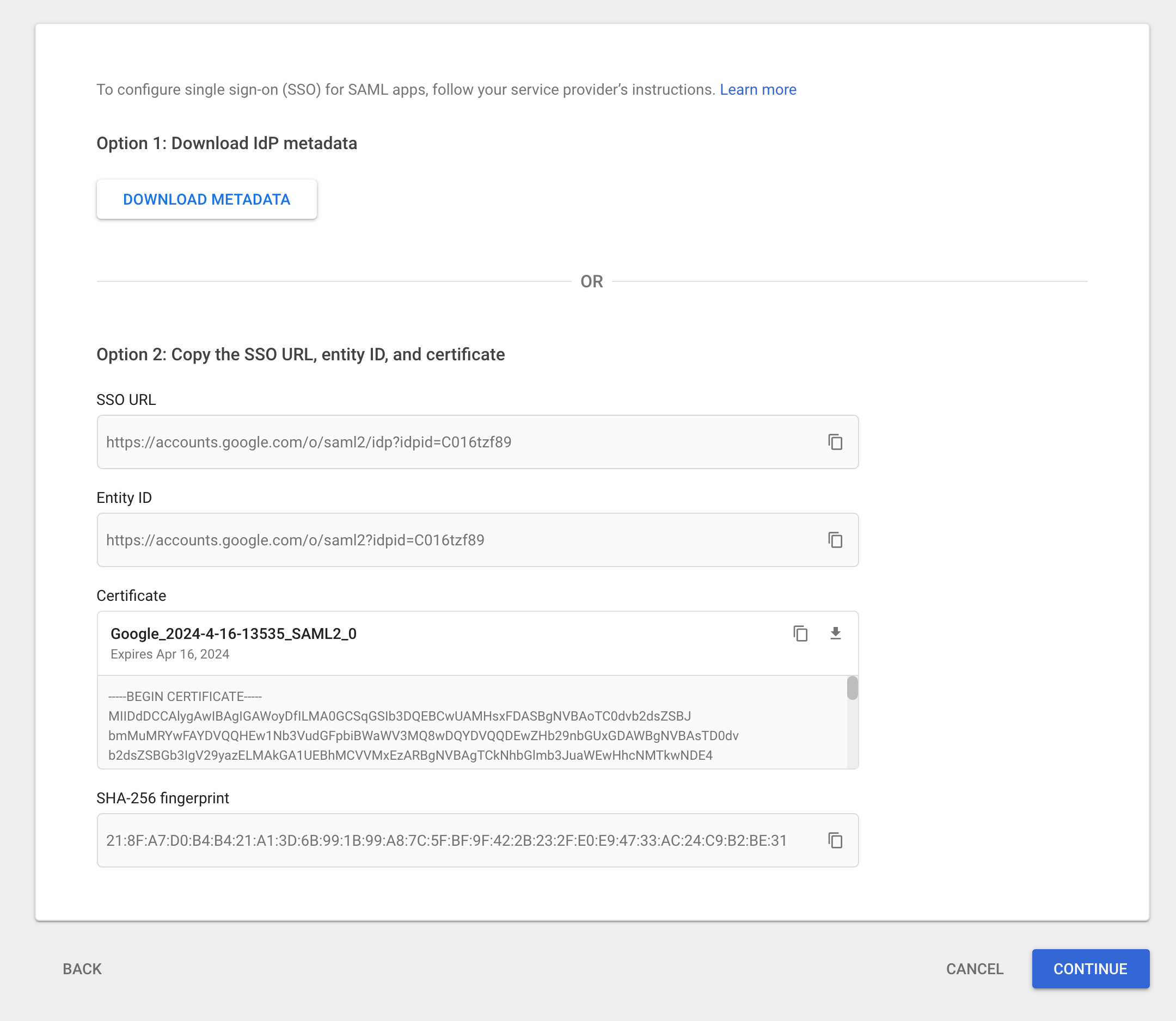 Auto-generated info after creating the SAML app