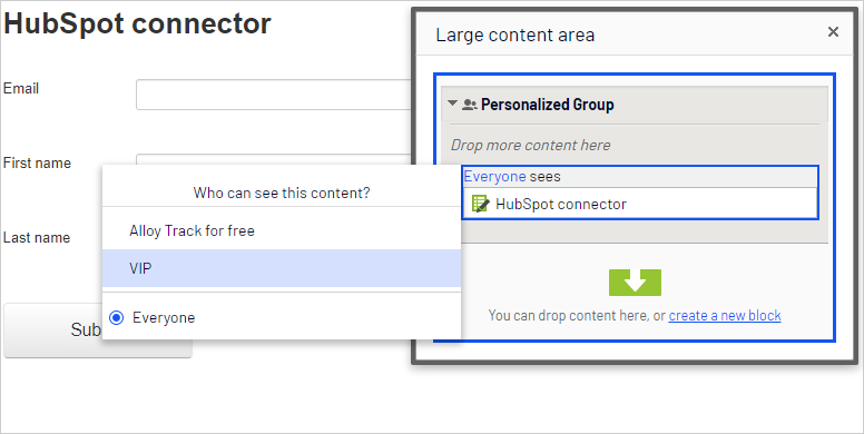 Screenshot of the personalization dialog where selecting the VIP visitor group to target the form