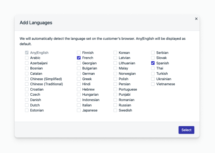 Image showing modal to select languages
