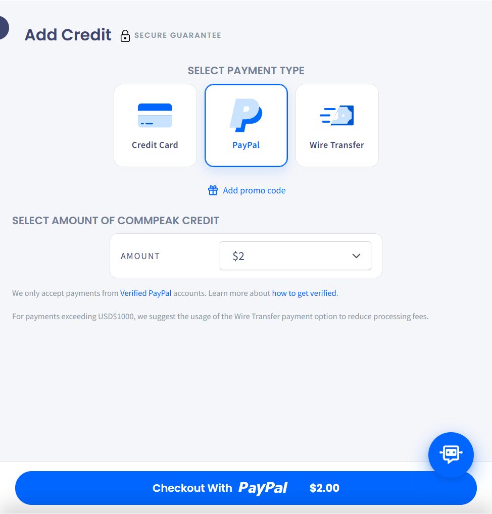 Screenshot with the PayPal payment type selected