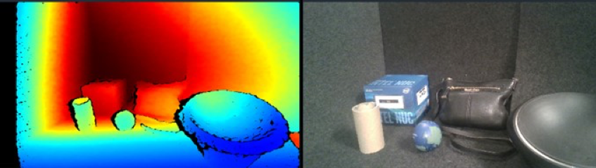 Figure 6B. An example of a capture with a Intel RealSense D435 Camera, showing a depth map on the left for a traditionally difficult scene that included dark carpets at various angles, shiny black metal bowl, specular plastic ball, and black leather purse with metal zipper.
