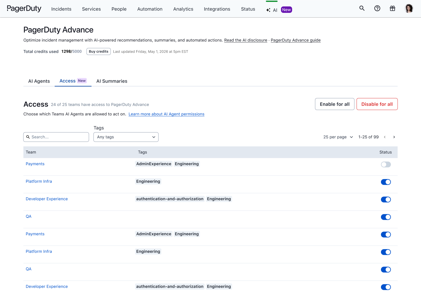 PagerDuty Advance team-level access control
