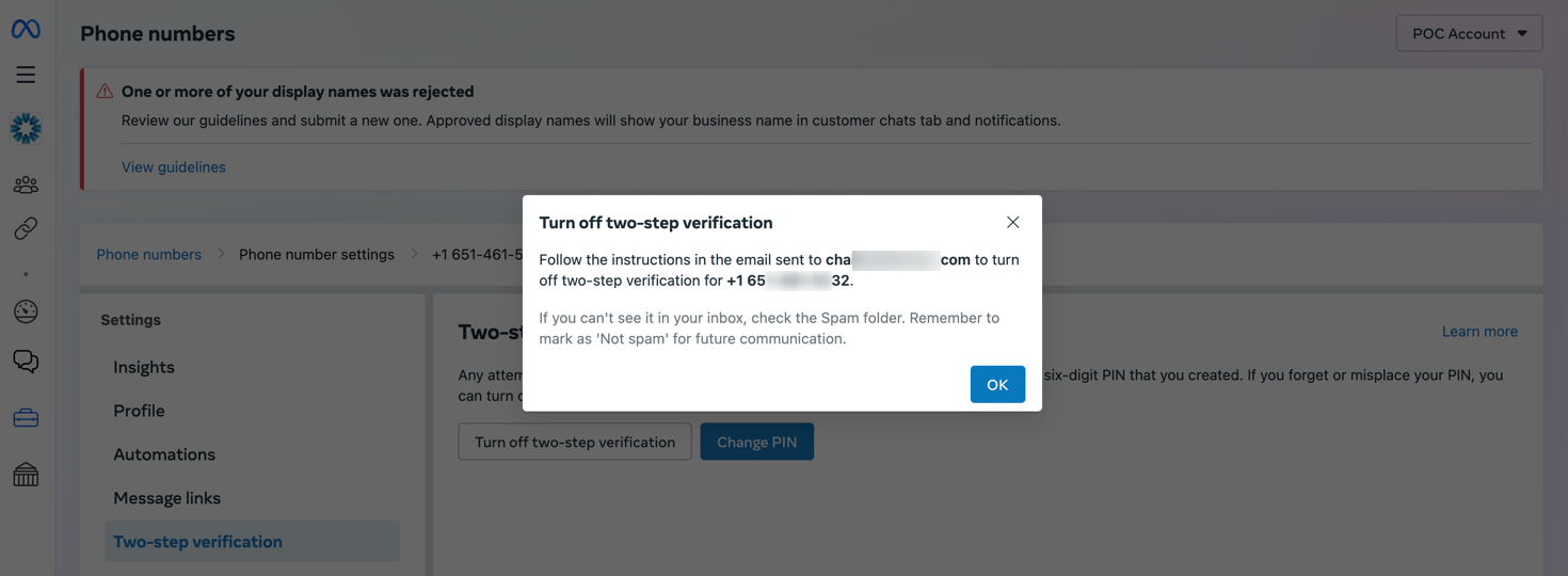Turn off the two-step verification Email Notification