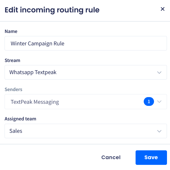 Screenshot of the Edit incoming routing rule dialog box