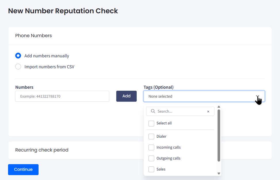 Screenshot of the New Number Reputation Check page: Add numbers manually option
