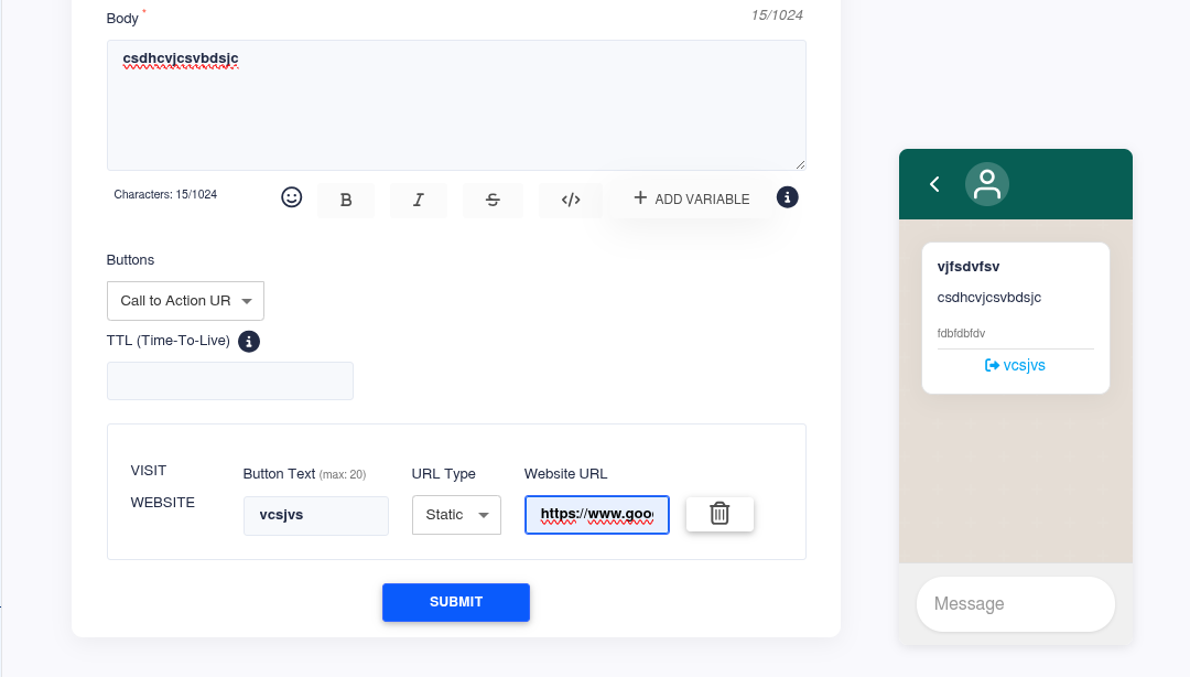 Template button configuration with Call to Action and Quick Reply options