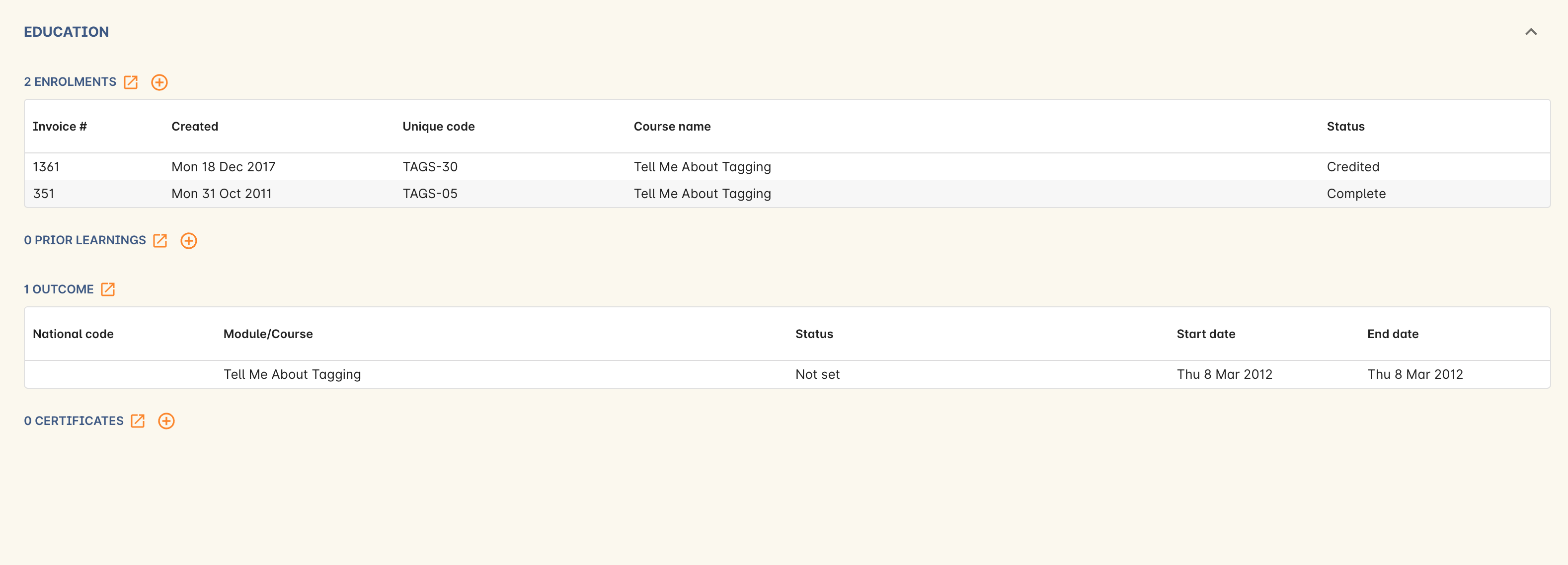 Figure 406. A students education section showing outcomes linked to certificates,via enrolments and prior learning.