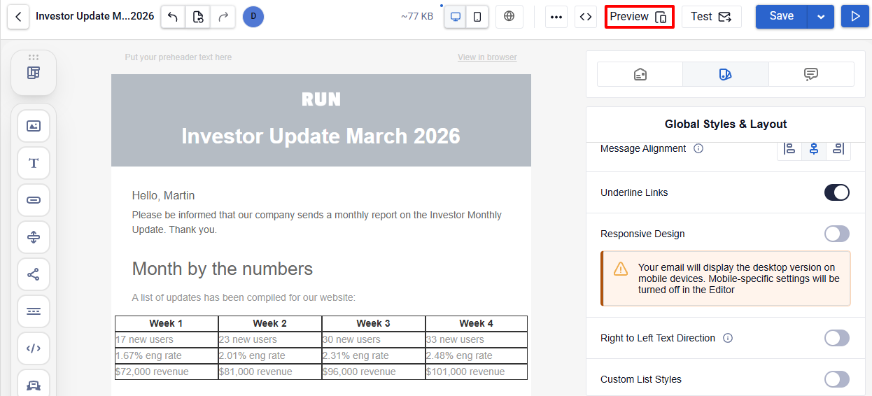 Previewing the table