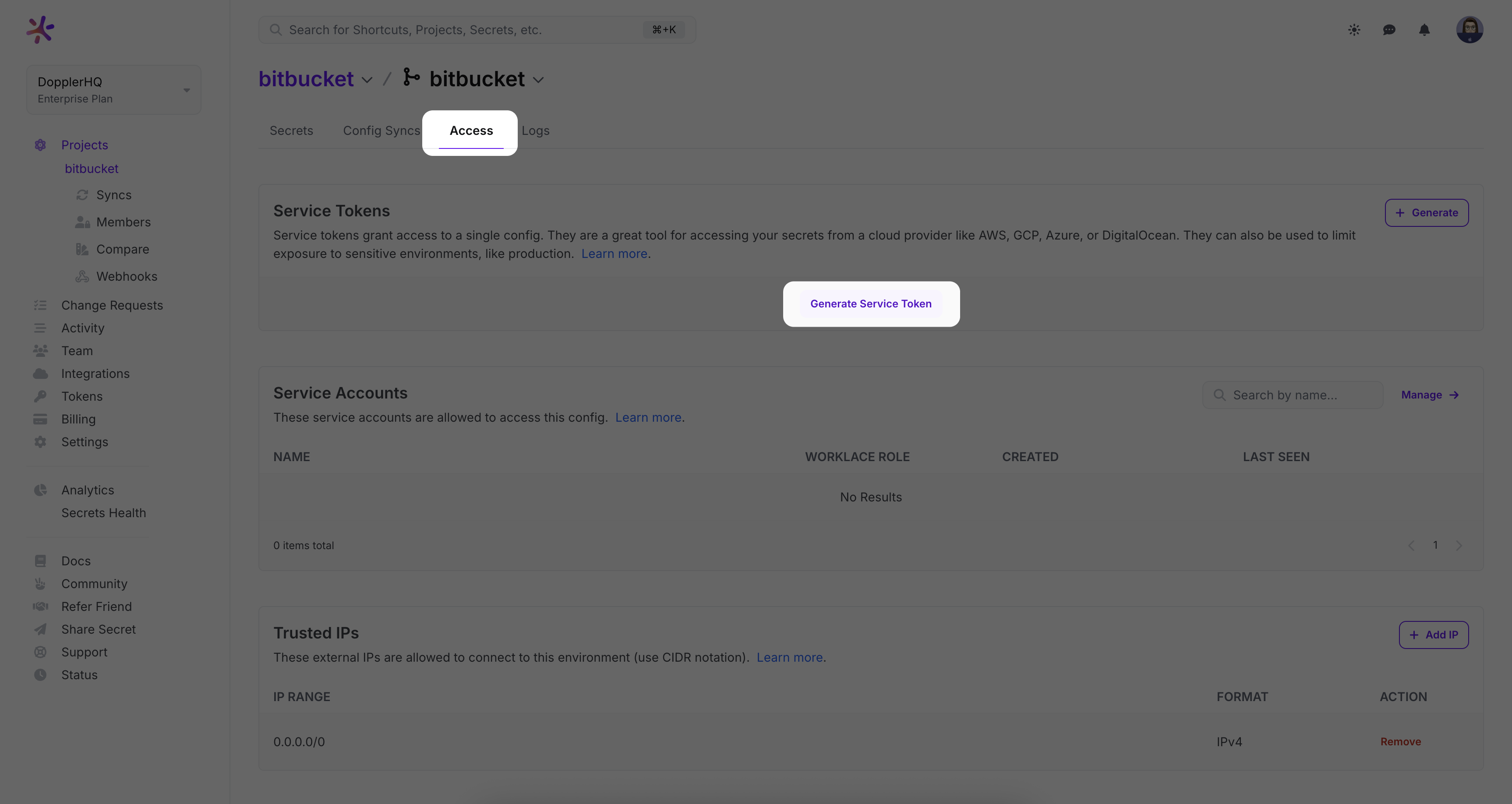 Adding a service token in the Doppler UI
