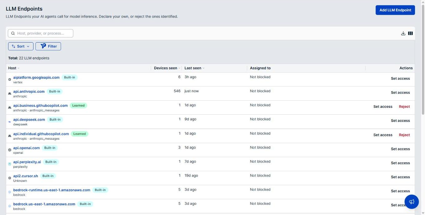 The LLM Endpoints page listing hosts with their state, Devices seen, Last seen, Assigned to, and the Set access and Reject actions