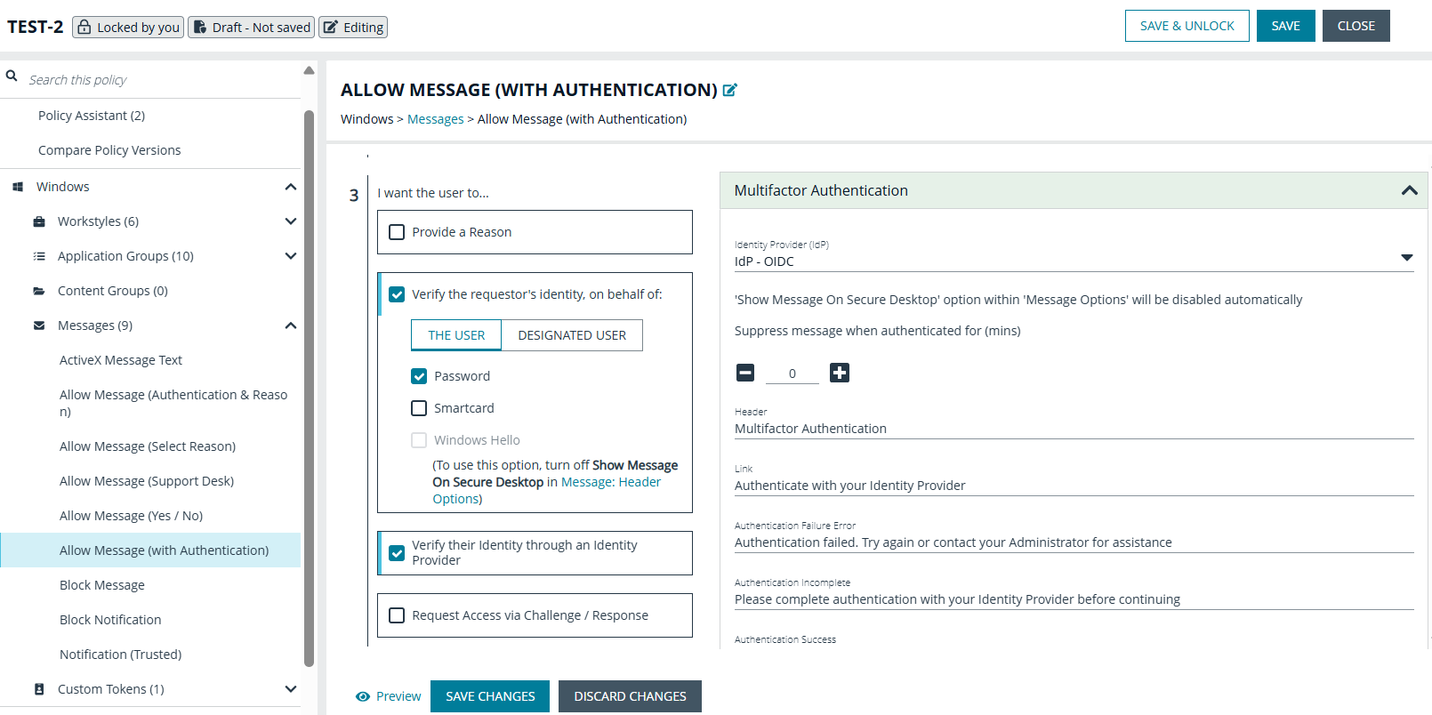 Settings for a multifactor message in the EPM Policy Editor