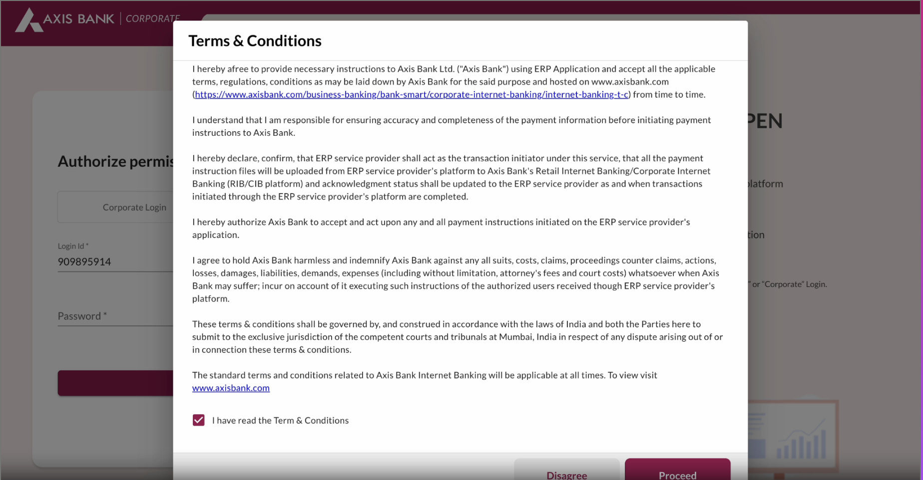 Axis Bank Terms and Conditions modal