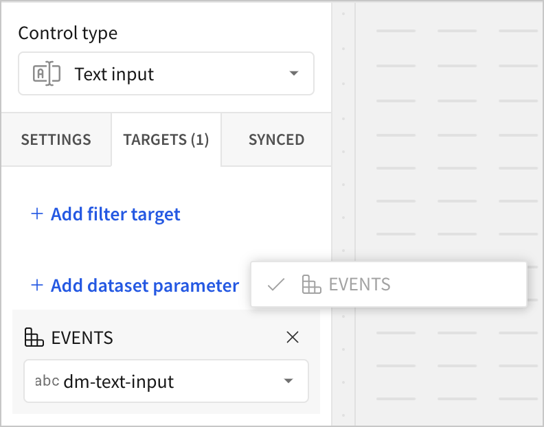 Target tab of a text control with add dataset parameter selected and the Events data model chosen. The available control IDs are listed in a dropdown menu.