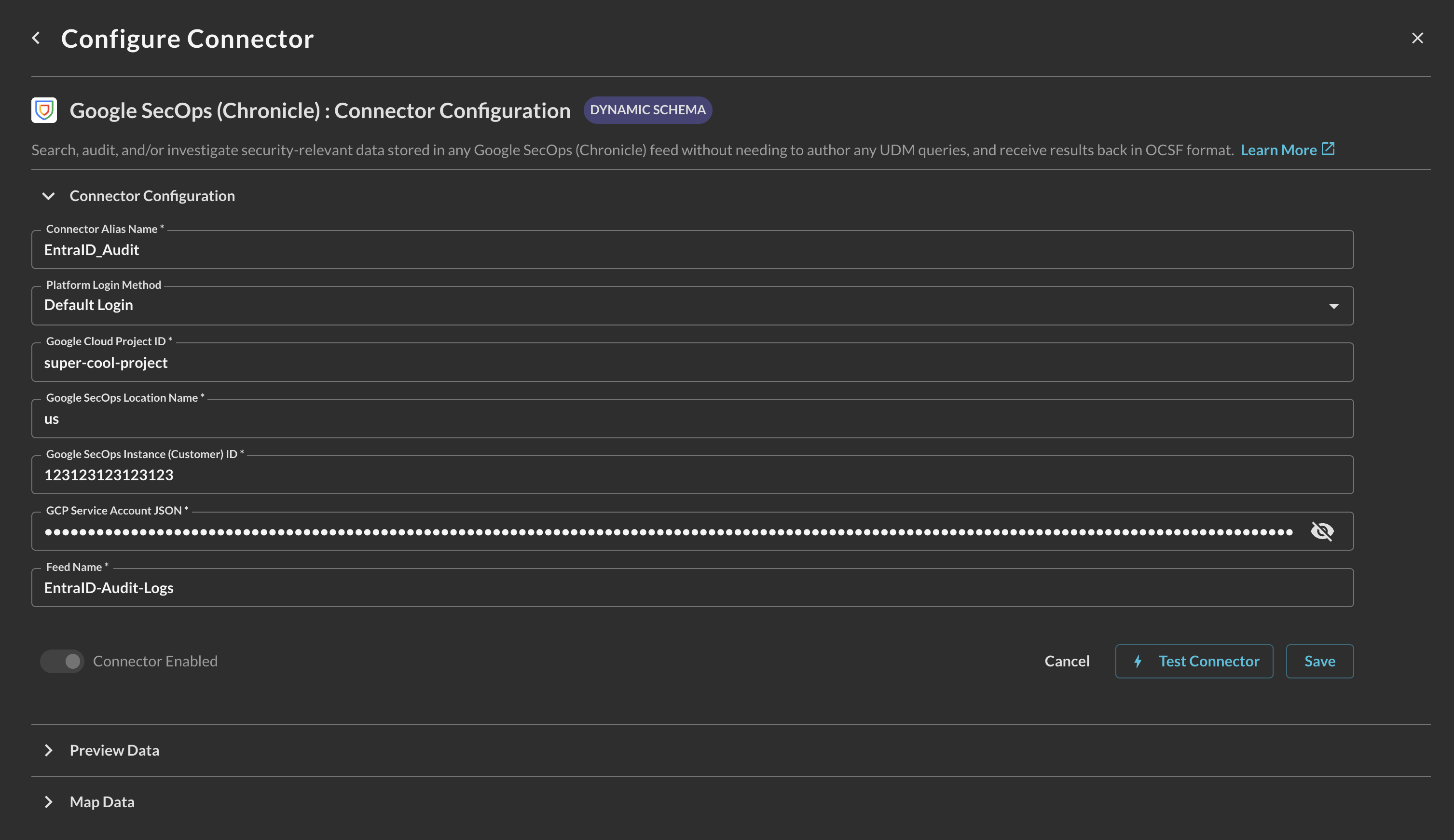 FIG. 7 - Configuring the parameters for the Query Federated Search Connector for Google SecOps 