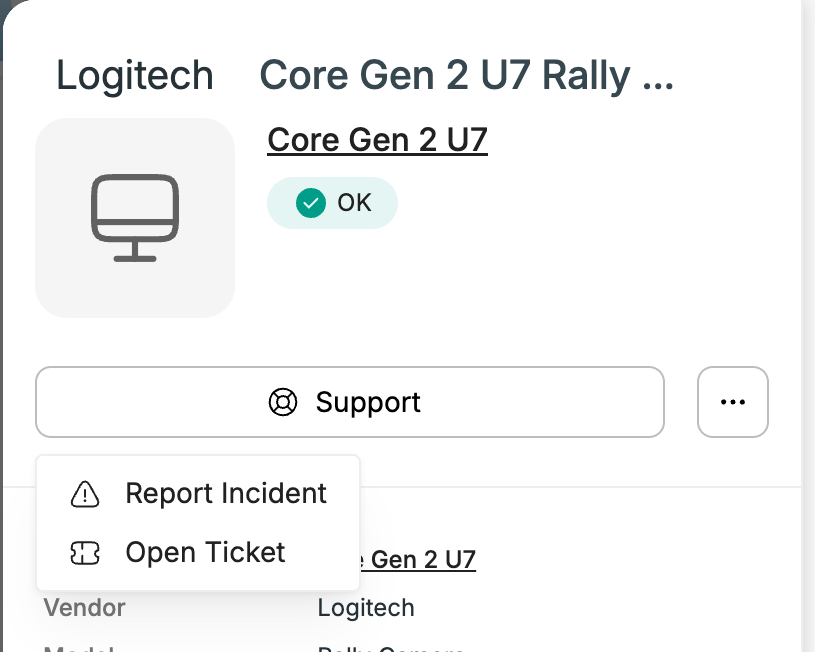 The Support menu on a device, with Report Incident.