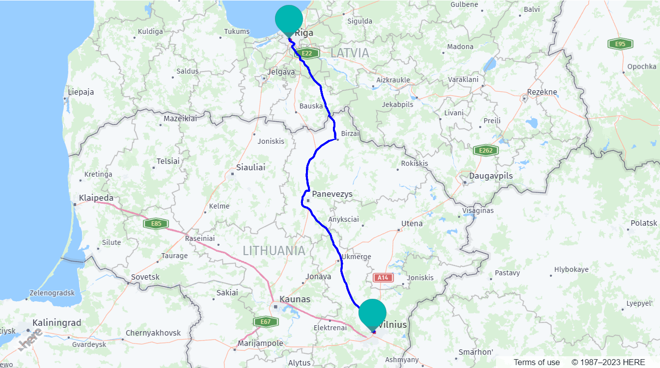 The map after calculating the route